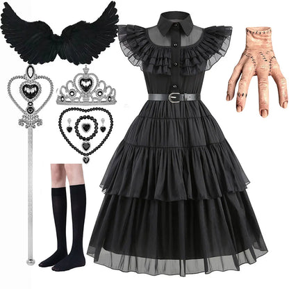 2025 Wednesday Black Short Kids Halloween Party  Costume for 3-10 Years - infant2eleven