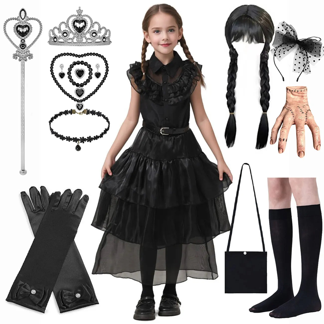 2025 Wednesday Black Short Kids Halloween Party  Costume for 3-10 Years - infant2eleven
